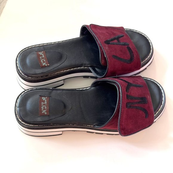 N.Y.L.A. Sandals Sunlily Women's Size 7 Burgundy Mules Chunky Platform Heel - Picture 4 of 7